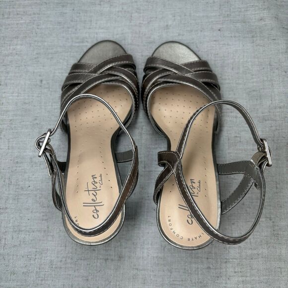 Clarks Collection Adriel Wavy Pewter Silver Leather Heels Sling Back Strappy 7 - Picture 7 of 11